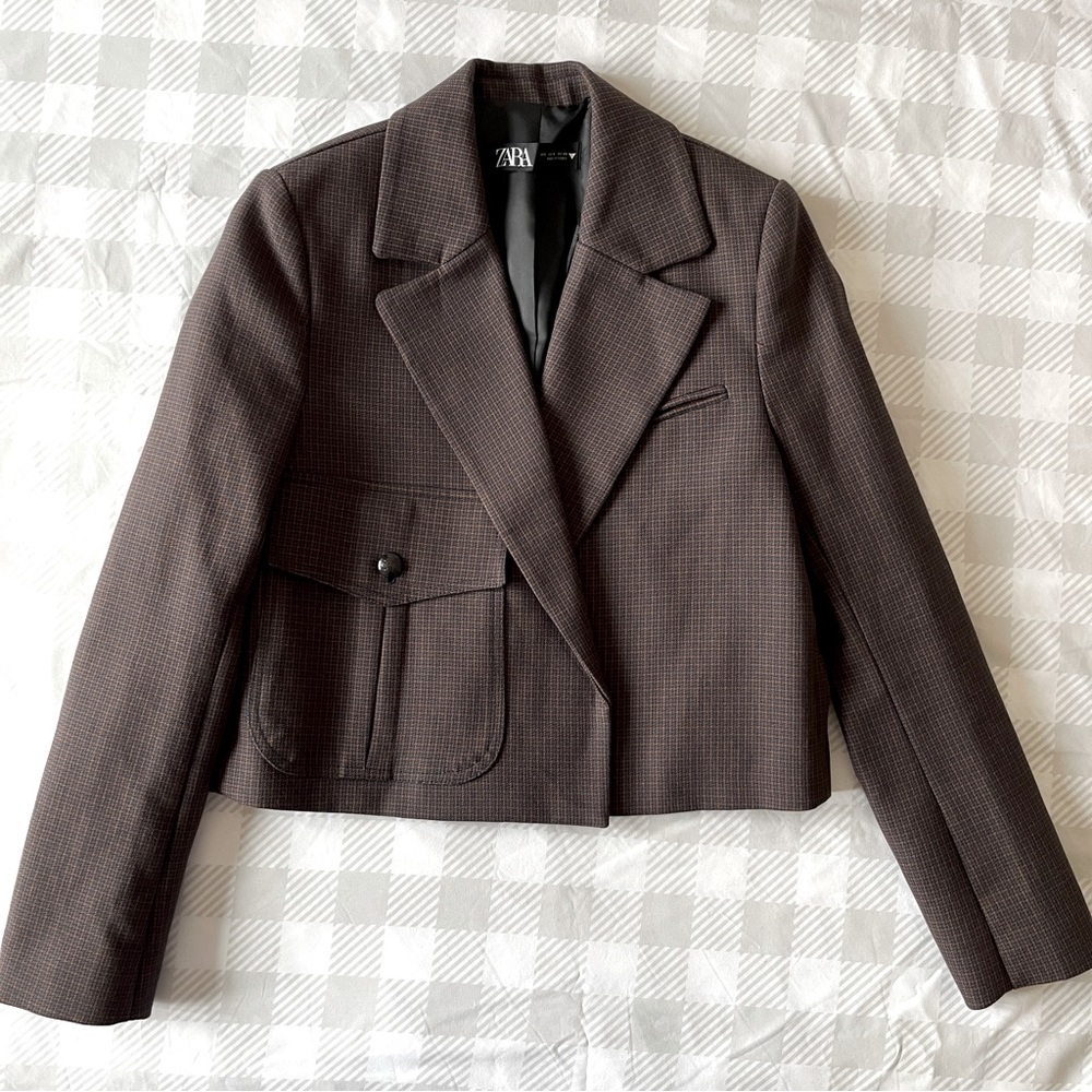 Like New Zara Houndstooth Blazer Slightly Cropped Brown Size S